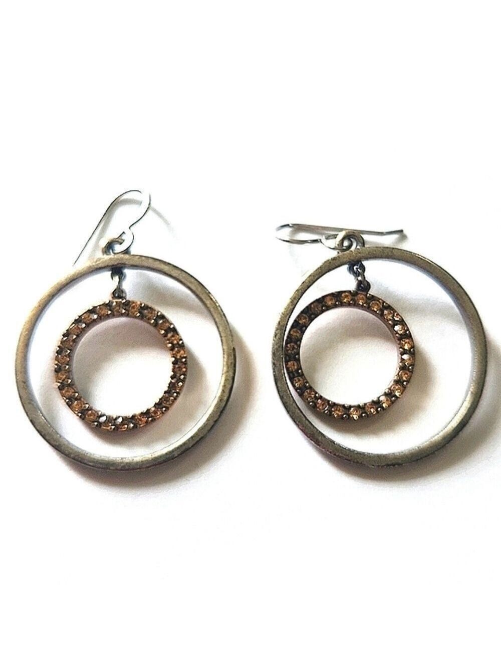 Gold and Silver Hoop Earrings Peach Crystals Dangle